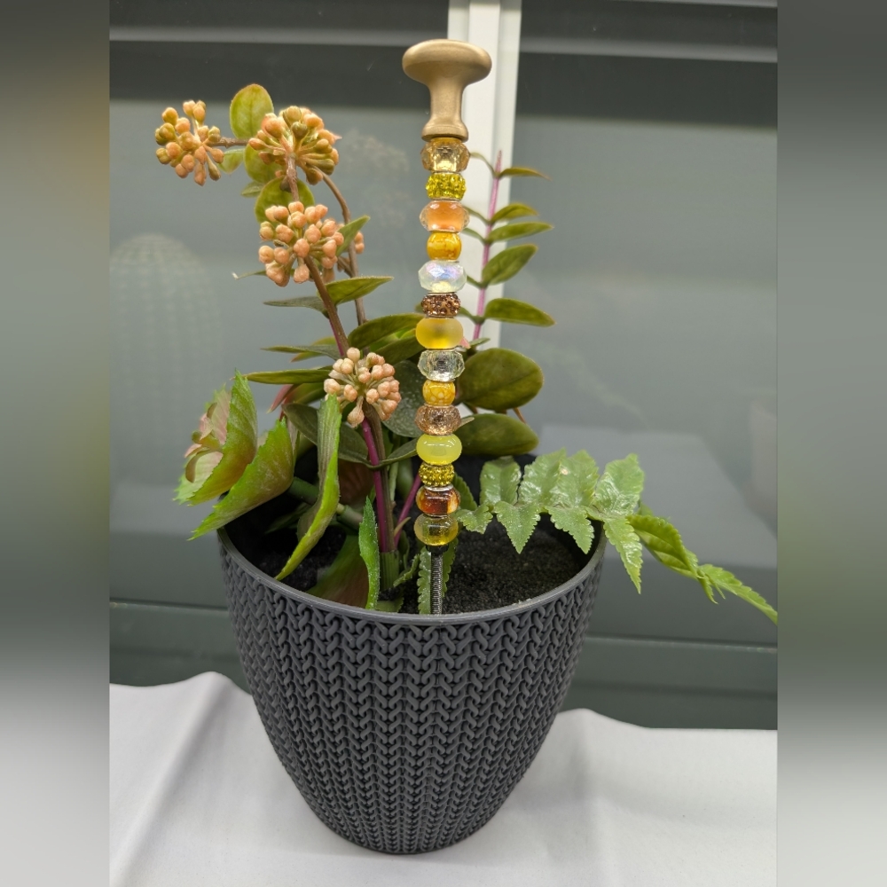 Beaded Fairy Wand/Plant/ Garden Stake W/Gold Metal Topper